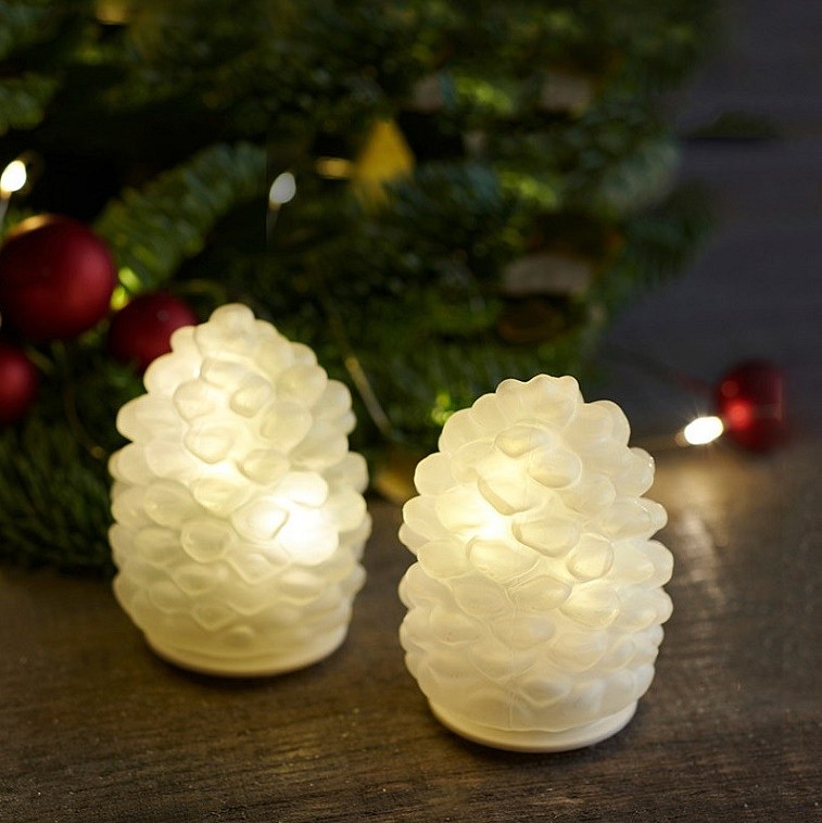 LED skleněná dekorace šišky, sada 2 kusy, matné
