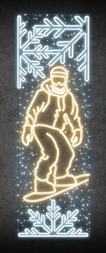 LED světelný banner - snowboardista, 80 x 247 cm, teple a ledově bílá