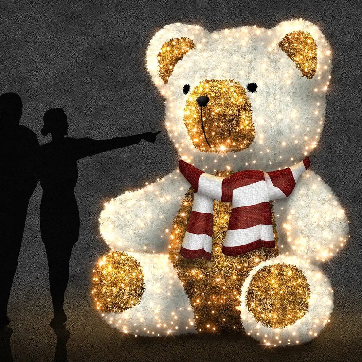 LED světelný sedící medvěd, 200 × 240 × 190 cm, teple bílá, 36V, 38,2 W, 56,2 kg, ze 2 dílů