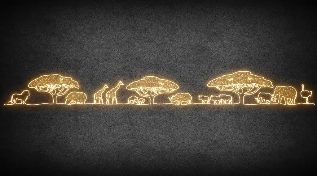 2D LED Africké zátiší, 1721 x 193 cm, teple bílá, 36 V, 265 W, ze 43 dílů, stojící