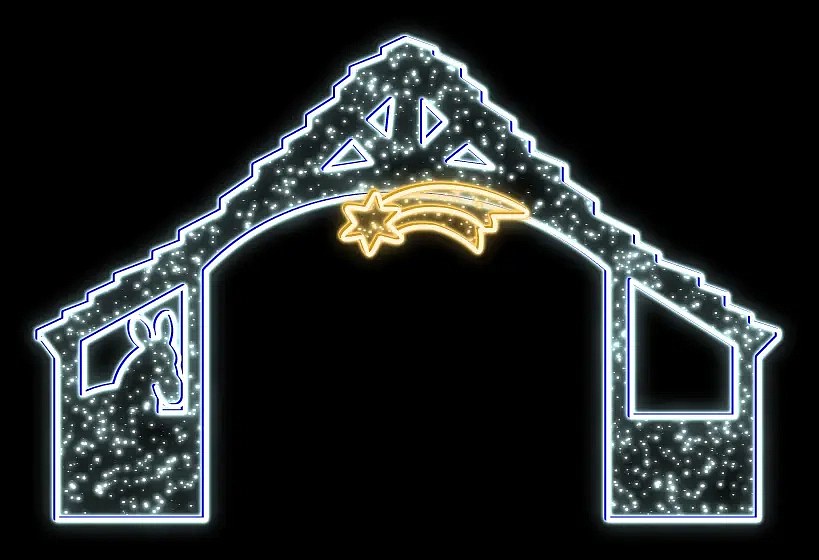 2D LED světelný motiv chlév, 345 x 225 cm, ledově a teple bílá, 24 V, 51,9 W, 21 kg, ze 3 dílů, stojící