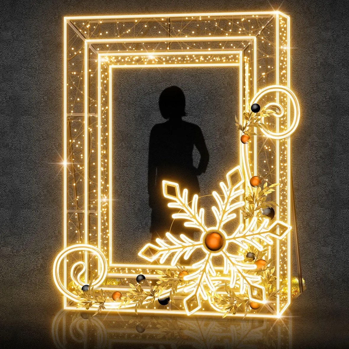 3D LED světelný rám, 230 × 170 × 20 cm, teple bílá, 36 V, 56,9 W, 44 kg, 4 díly