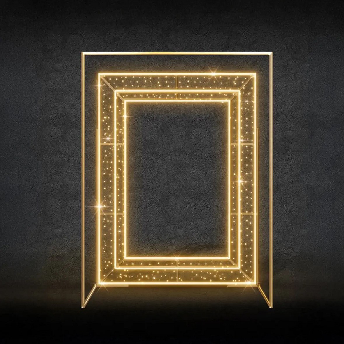 3D LED světelný rám, 230 × 170 × 110 cm, teple bílá, 24 a 36 V, 45 W, 35 kg, ze 3 dílů