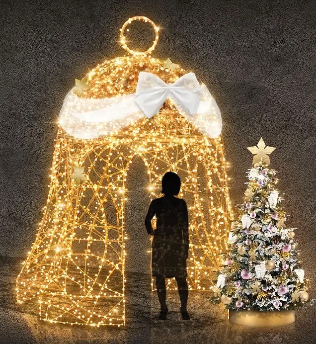 3D LED světelná zvonička, 350 cm, pozlacená, teple bílá s krystalem, z 6 dílů, bílá mašle, stojící
