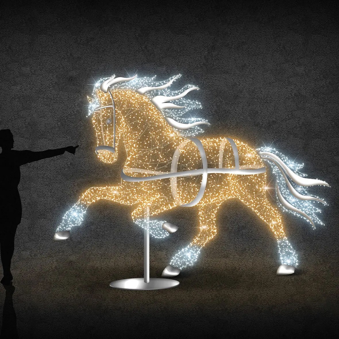 3D LED světelný kůň, 310 × 230 × 80 cm, teple a ledově bílá, 36 V, 46 W, 45 kg, 3 díly