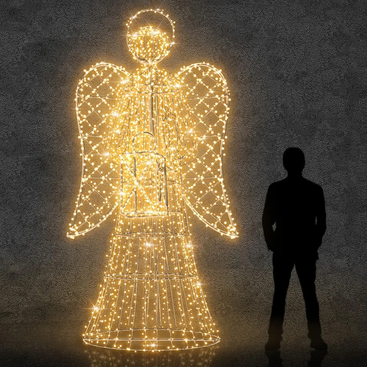 3D LED světelný anděl s lucernou, 300 cm, teple bílá, s krystaly, z 5 dílů
