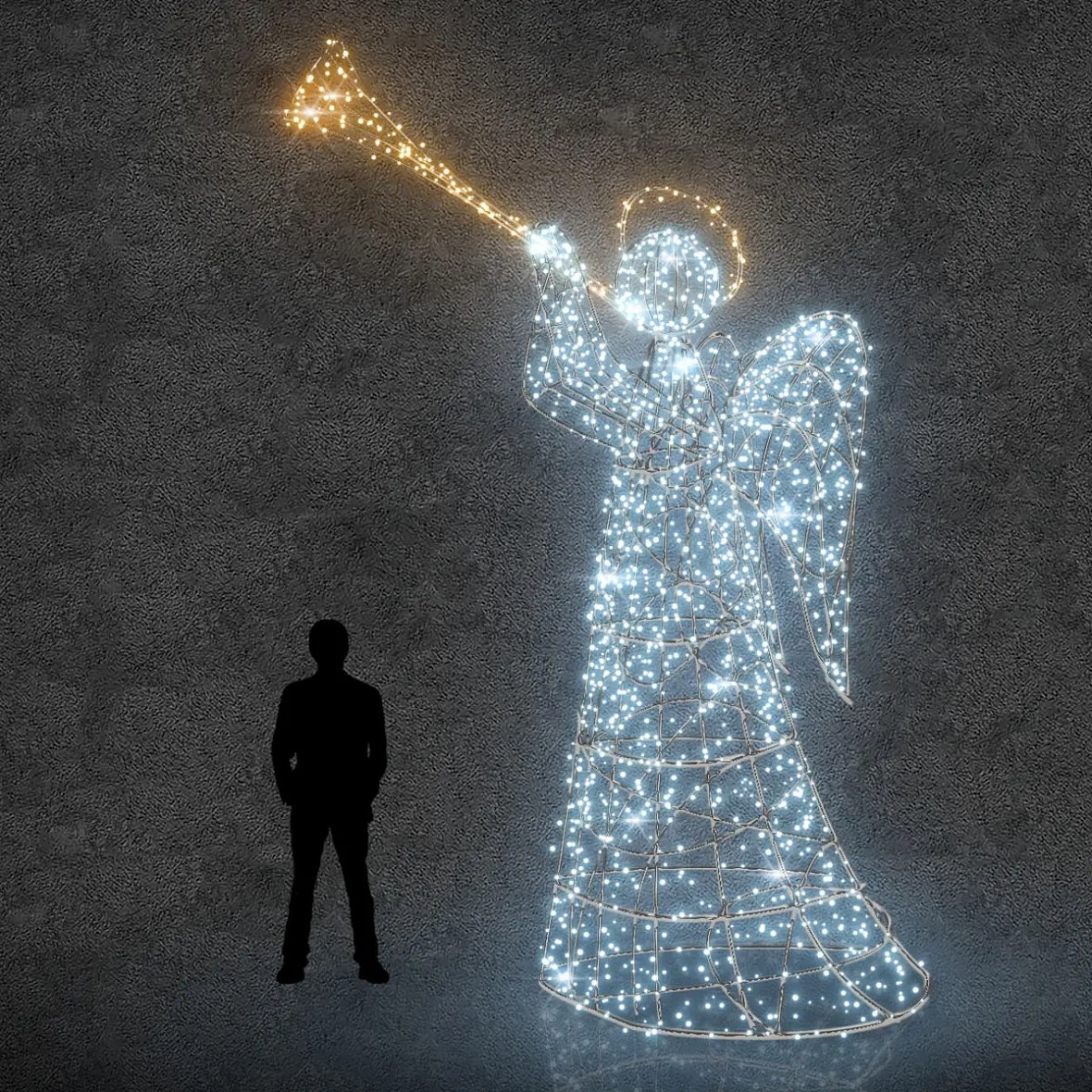 3D LED světelný anděl s trumpetou, 500 cm, ledově bílá, 36 V