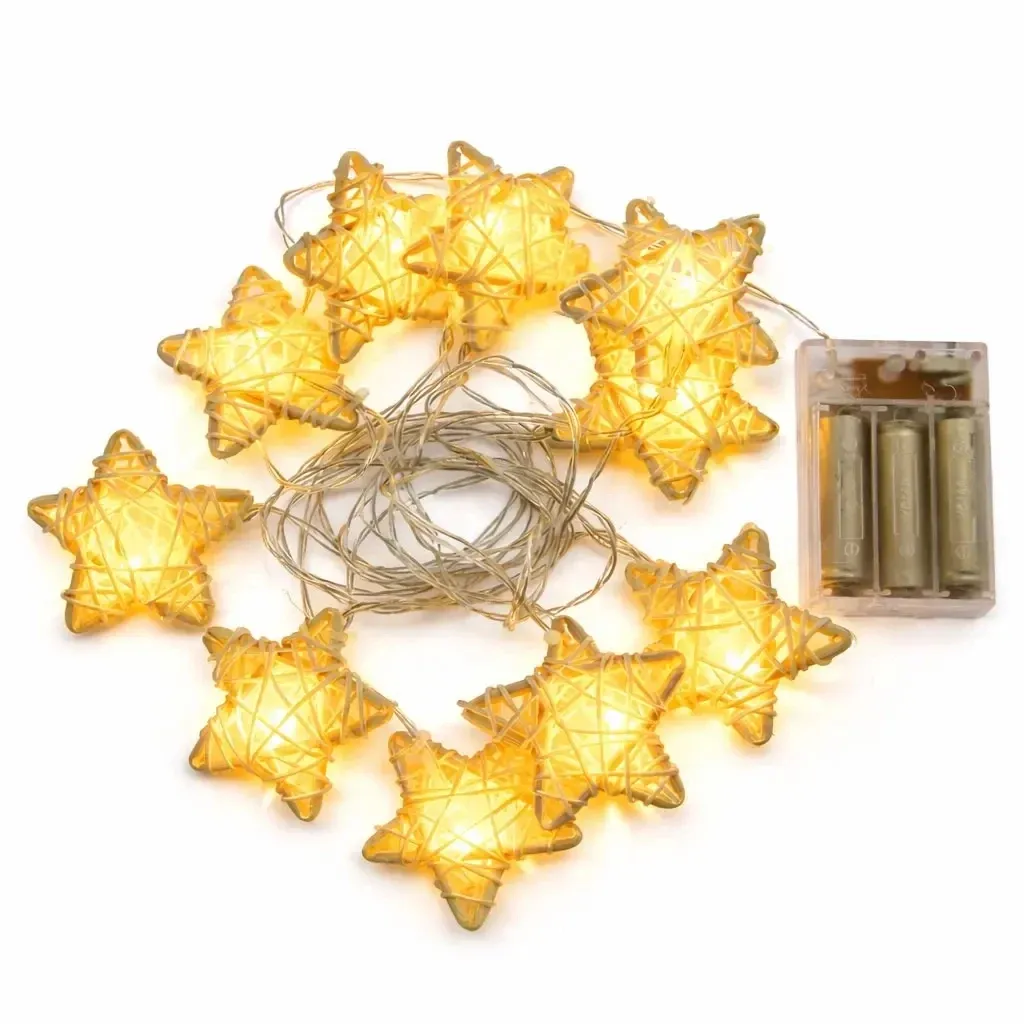 LED světelný řetěz na baterie, bílé proutěné hvězdy, teple bílá, 10 diod, 2,8 m