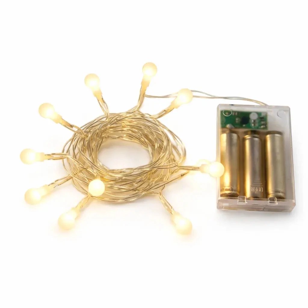 LED světýlka na baterie 2,1 m teple bílá, 10 diod, čirý kabel IP20 interiér, 3× AA