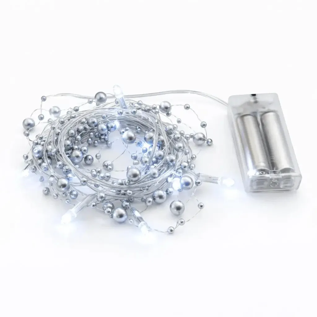 LED světýlka na baterie perly stříbrné 1,3 m ledově bílá, 10 diod, čirý kabel IP20 interiér