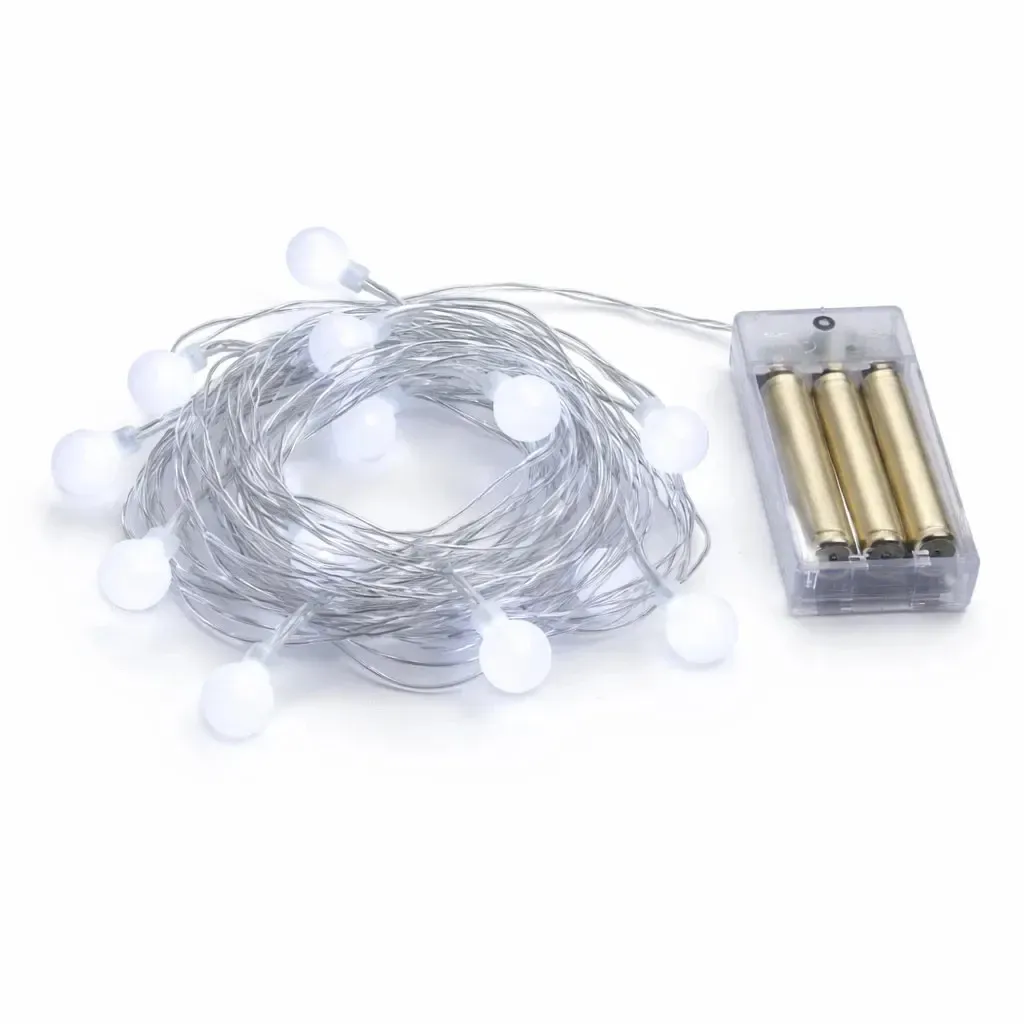 LED světýlka na baterie 2,1 m, ledově bílá, 10 diod, IP20 interiér, 3× AA