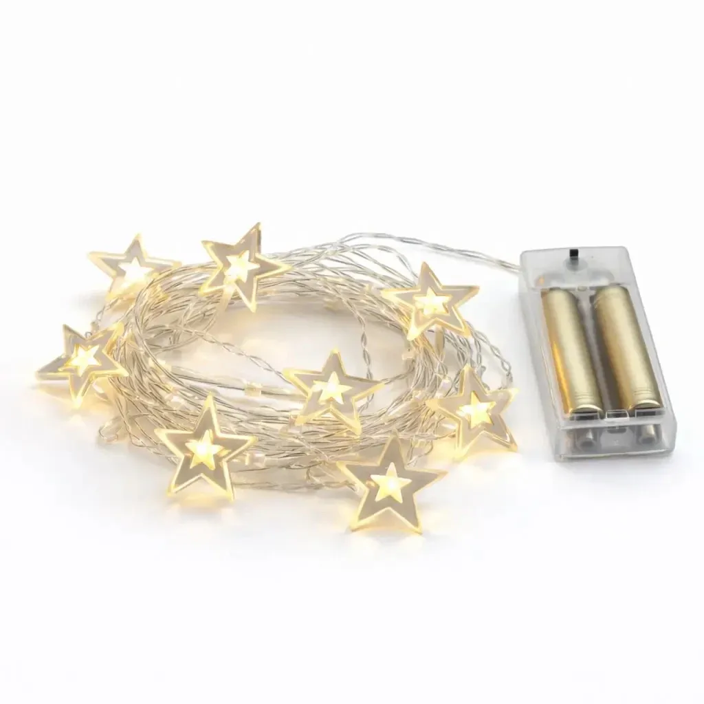 LED světýlka na baterie hvězdičky 1,5 m, teple bílá, 10 diod, čirý kabel IP20 interiér, 2× AA