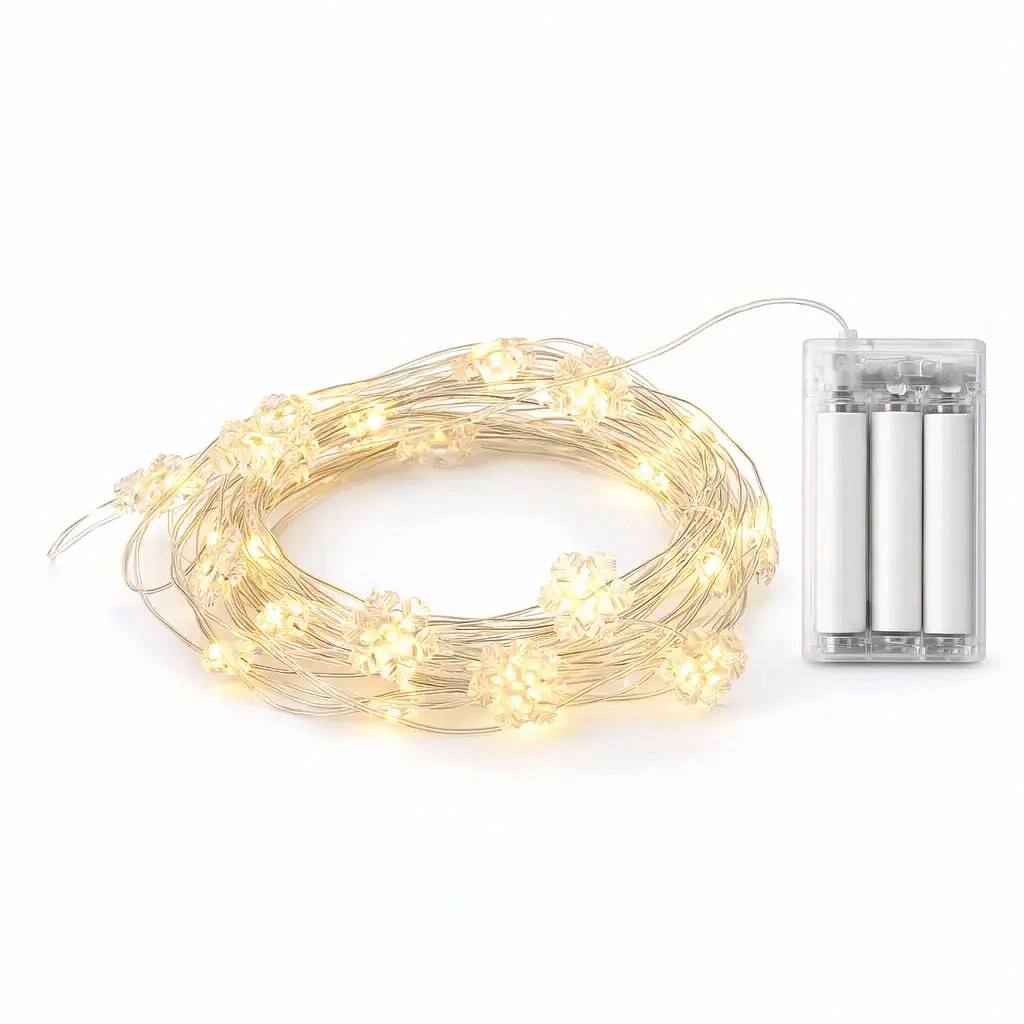 LED světýlka na baterie s vločkami 2,3 m teple bílá, 20 diod, čirý kabel IP20 interiér, 3× AA