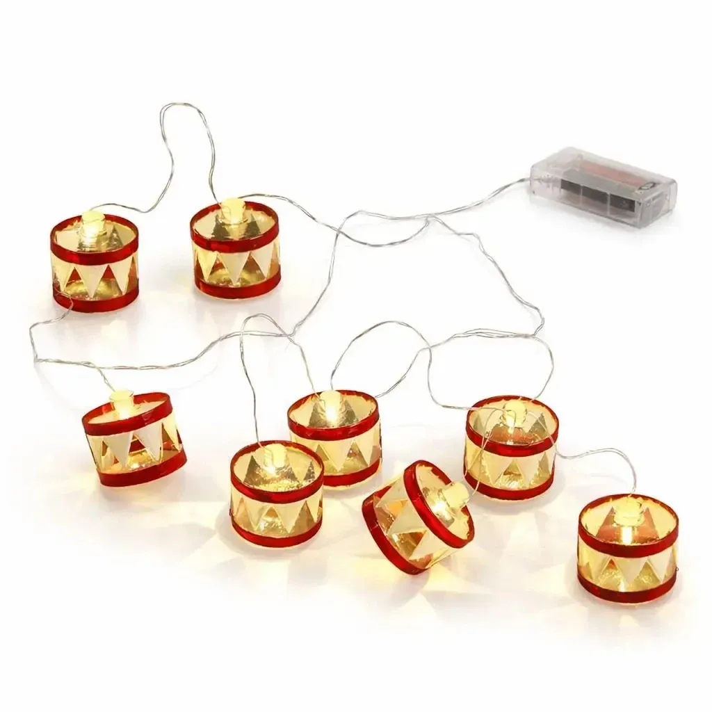 LED světýlka na baterky 1,5 m červené bubínky, teplá bílá, čirý kabel IP20 interiér, 2× AA
