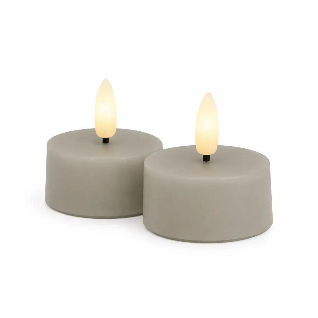 Sada LED čajové svíčky na baterie Sille Tealight, Ø 4,5 × 2,2 cm, teple šedá, z pravého vosku, balení 2 ks