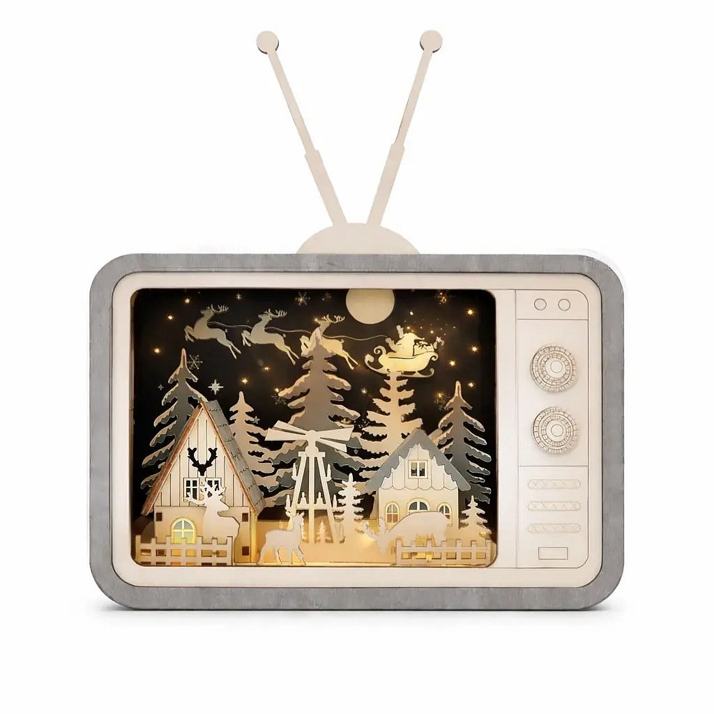 LED dřevěná dekorace vesnička v televizi, 26 × 33,5 × 8 cm, teple bílá, AA