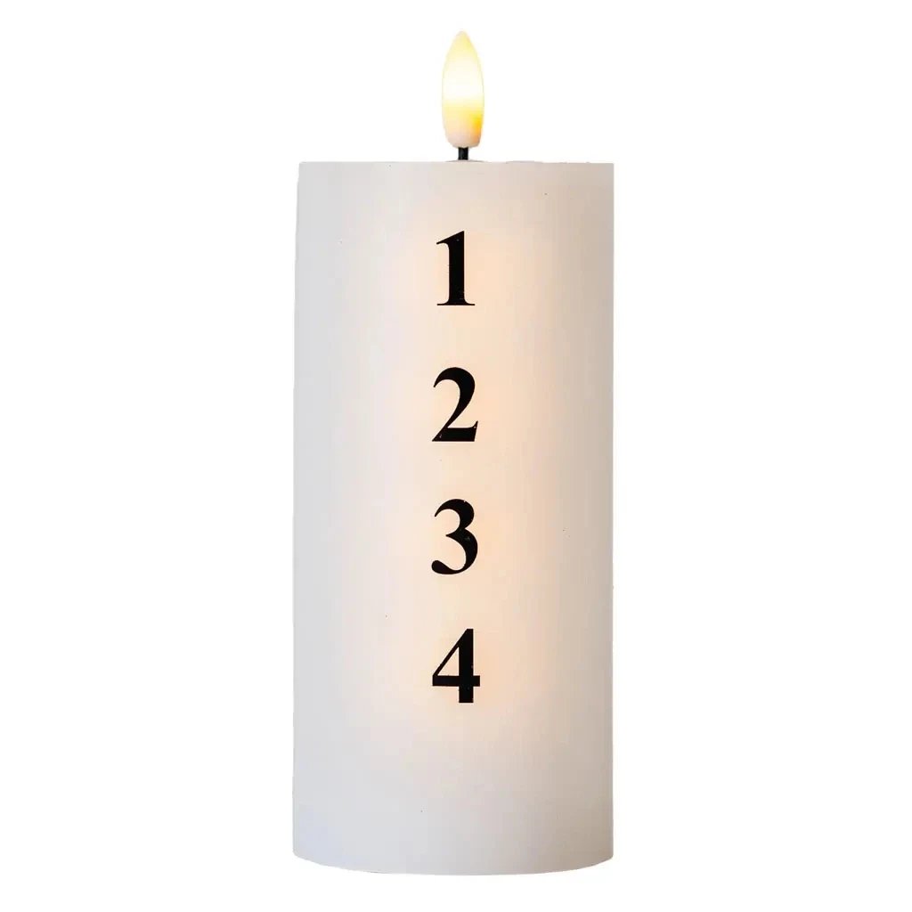 LED svíčka na baterie vosková Sille adventní s čísly, Ø 7 × 15 cm, bíláčerná