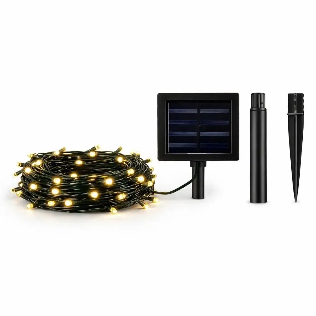 LED venkovní světýlka solární 10 m, teple bílá, 100 diod, černý kabel IP44, solární panel