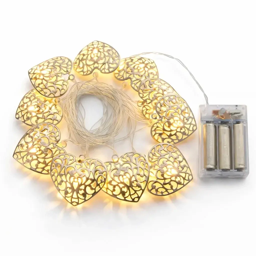LED světýlka na baterie 2,5 m kovová srdce vintage, teple bílá, 10 diod, čirý kabel IP20, 2× AA