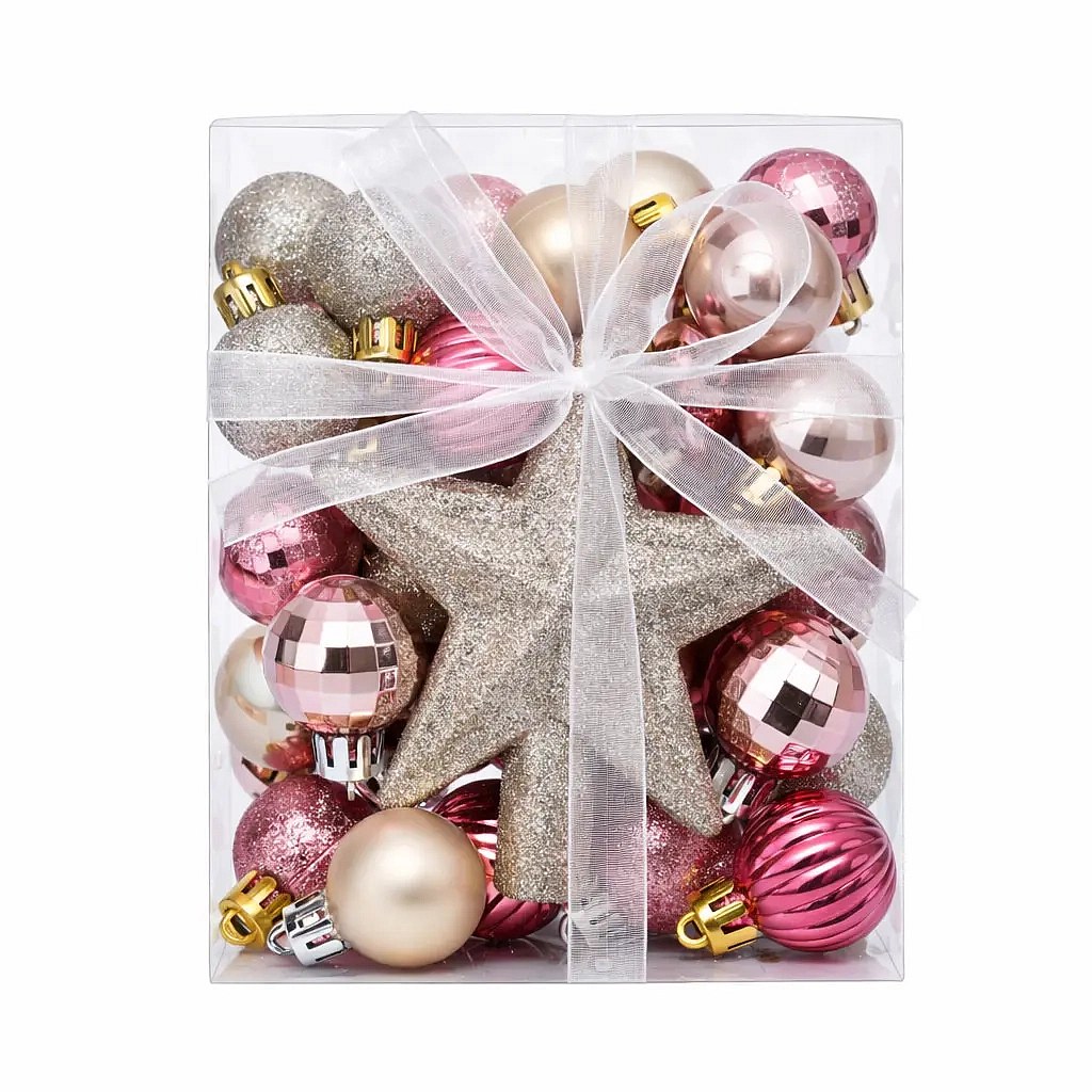 Sada vánočních ozdob růžová a stříbrná 3 cm baňky, 1× glitter špice, 14× růžová 14× stříbrná, plastové IP44, balení 29 ks
