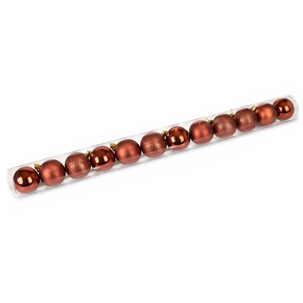 Sada vánočních ozdob měděná 6 cm plastové koule, 4× lesklá, 4× matná, 4× glitter, balení 12 ks