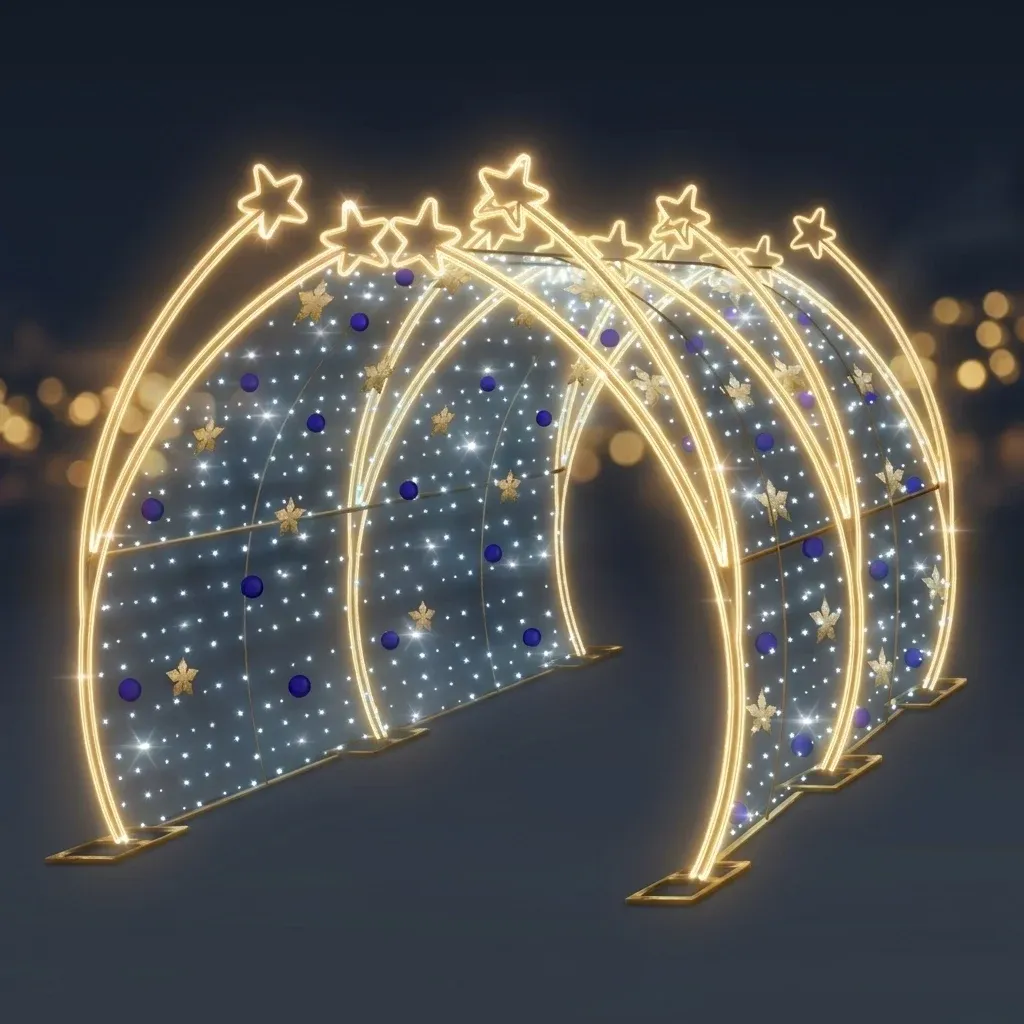 Eco Fix 3D LED star tunnel light, 250 × 200 × 400 cm, warm and icy white, aluminium