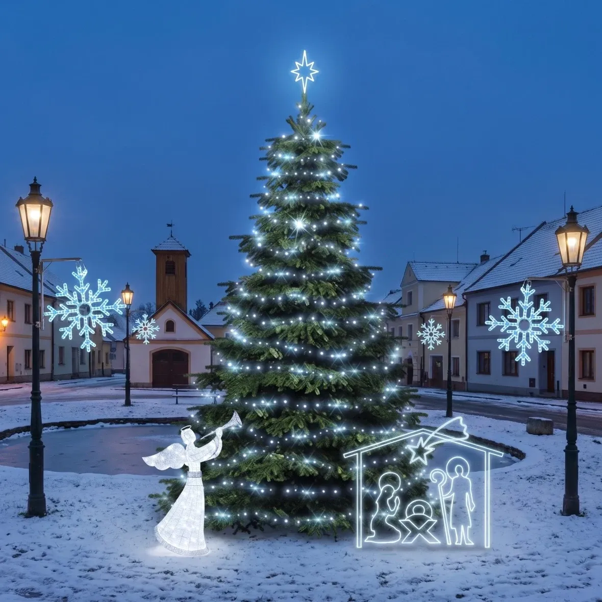Vánoční sada pro obce Ledová vločka X a betlém, strom 6–8 m Flash, 3D LED anděl 122 cm, betlém 162 × 172 cm, ledová bílá
