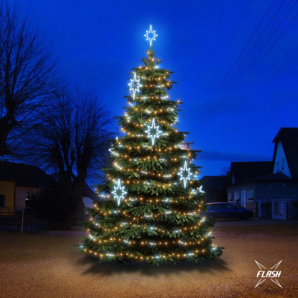 Sada LED svetiel pre vianočné stromčeky vysoké 6-8 m, teplá biela s bleskom, ľadové dekory DZX0141S2