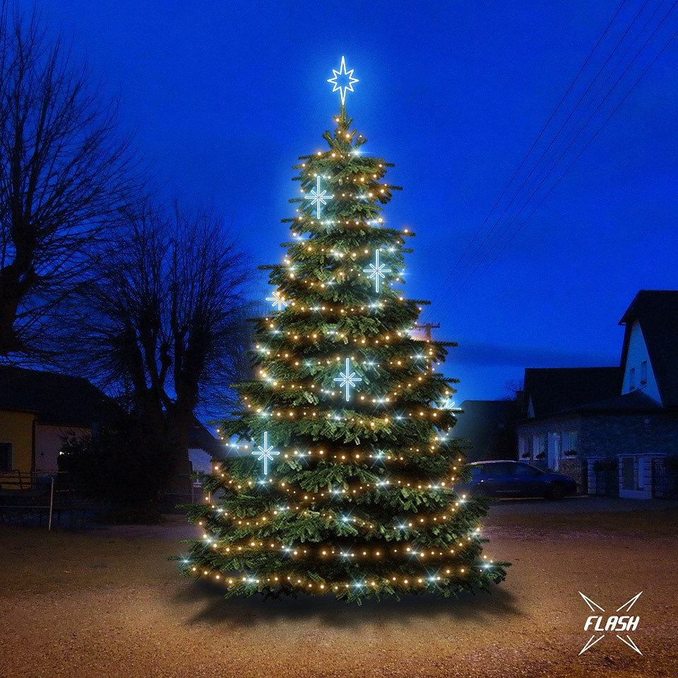 LED svetelná súprava pre vianočné stromčeky vysoké 6-8 m, teplá biela s bleskom, ľadové dekory DZ113S3