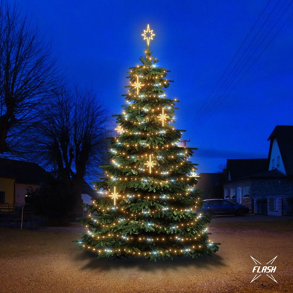 Sada LED svetiel pre vianočné stromčeky vysoké 6-8 m, teplá biela s bleskom, dekory EFD15WS2