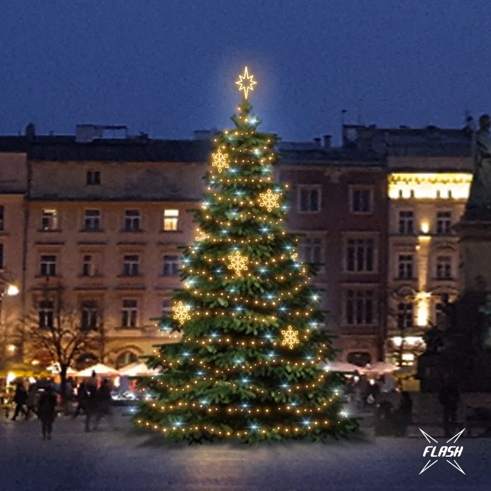 Sada LED svetiel pre vianočné stromčeky 9-11 m vysoké, teplá biela s bleskom, dekory DZX1EFD05W