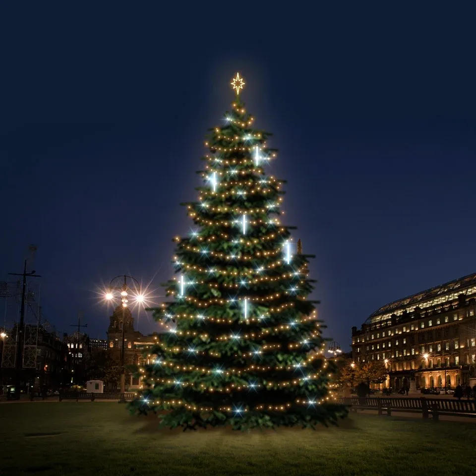 LED svetelná súprava pre vianočné stromčeky 12-14 m vysoké, teplá biela s bleskom, s padajúcim snehom