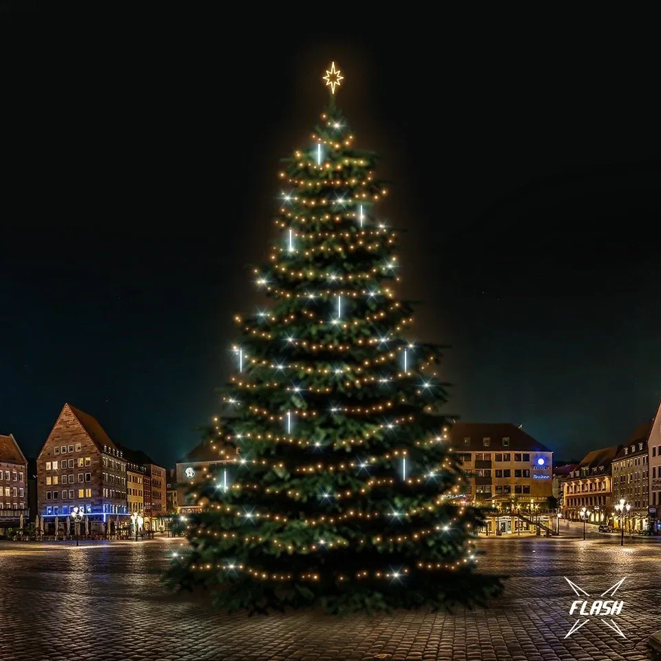 LED svetelná súprava pre vianočné stromčeky vysoké 21-23 m, teplá biela s bleskom, s padajúcim snehom