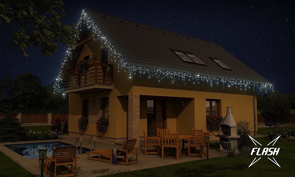 Súprava LED osvetlenia domu, 9+1 zdarma, LED biela s bleskom, čierny kábel, Easy Fix, IP67