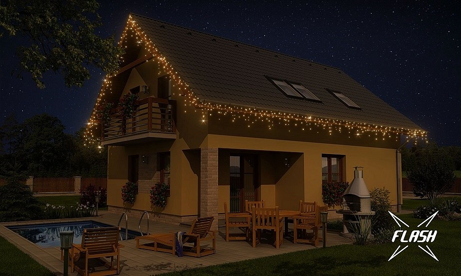Súprava LED osvetlenia domu, 9+1 zdarma, teplá biela s bleskom, čierny kábel, Easy Fix, IP67