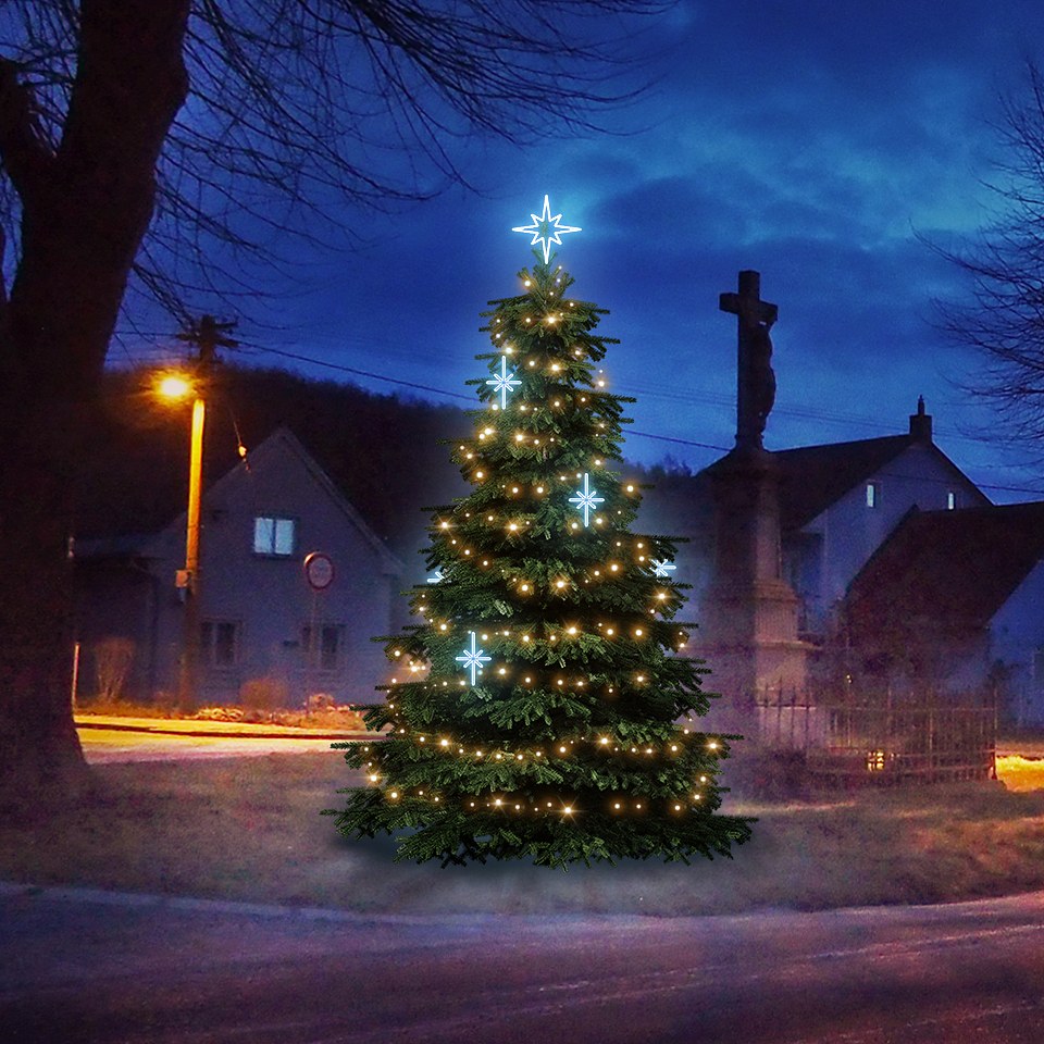 Sada LED svetiel pre vianočné stromčeky vysoké 3-5 m, teplá biela s ľadovo bielymi dekormi DZ113S2