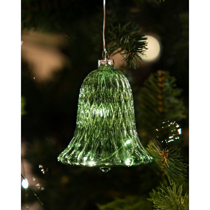 LED sklenený zvonček, zelený, 9 cm
