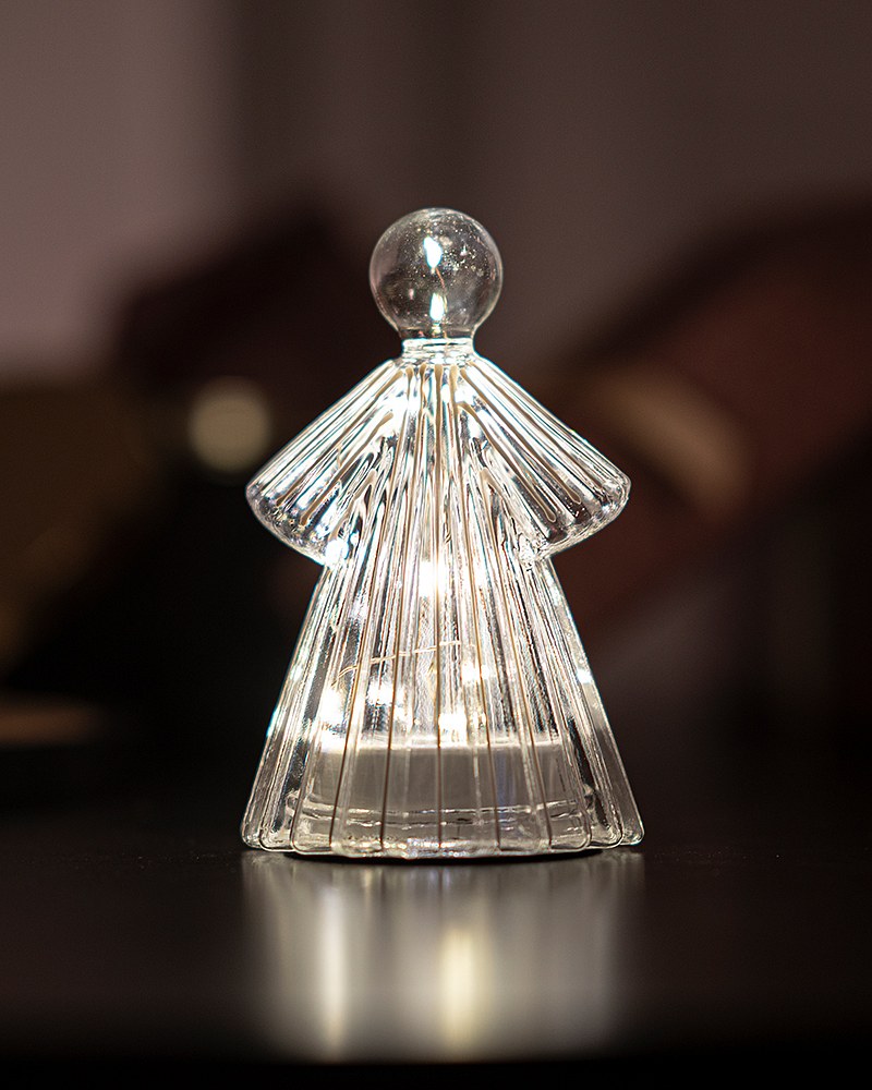 LED svetelný anjel, sklenený, číry, 15 cm