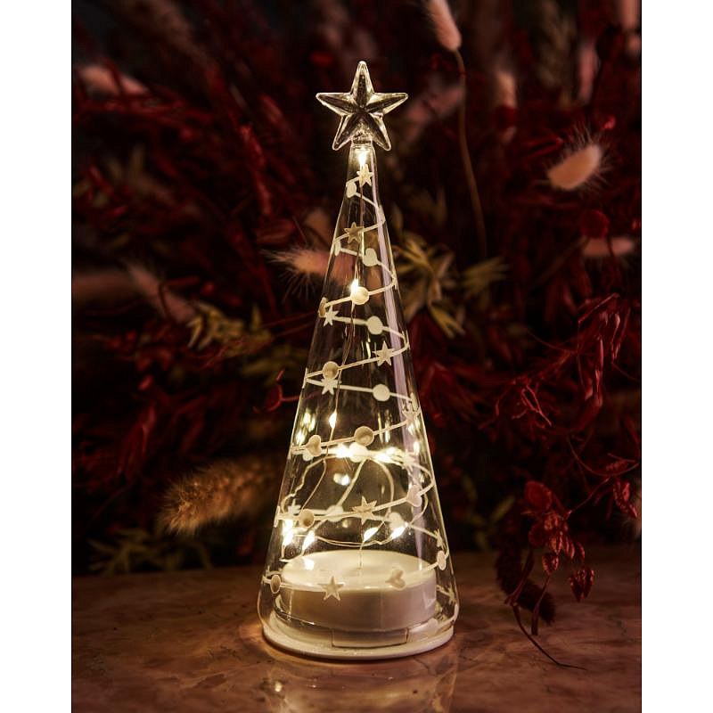 LED svetelný stromček sklenený, číry, 22 cm, biely dekor