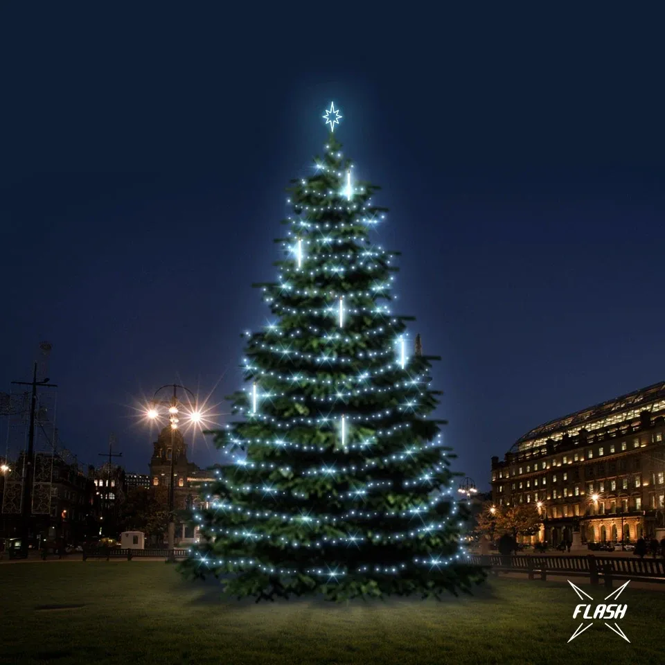 LED svetelná súprava na stromček vysoká 12-14 m, ľadovo biela s bleskom, s padajúcim snehom
