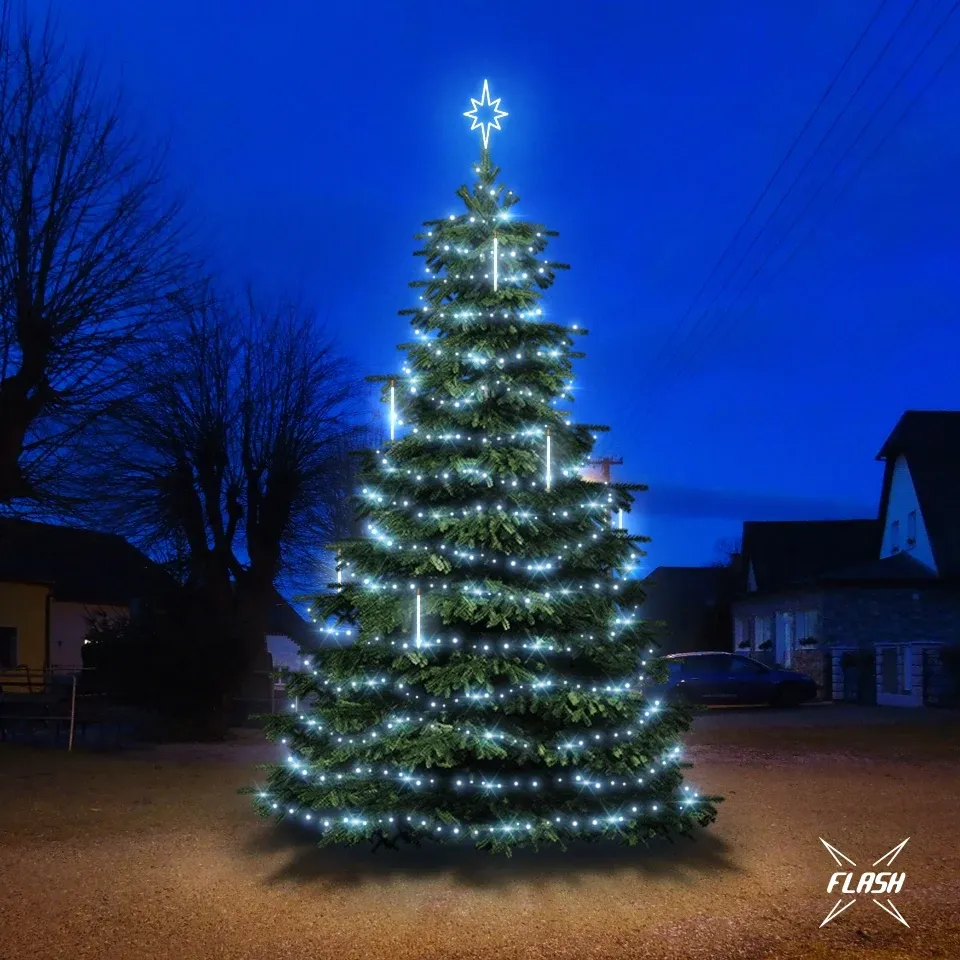 LED svetelná súprava na stromček vysoká 6-8 m, ľadovo biela s bleskom, s padajúcim snehom