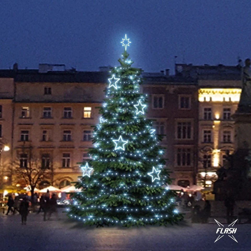 LED svetelná súprava pre stromy vysoké 9-11 m, ľadovo biela s bleskom, dekory DZ115S1