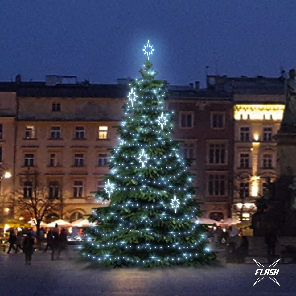 LED svetelná súprava pre stromy vysoké 9-11 m, ľadovo biela s bleskom, dekory DZ141S3
