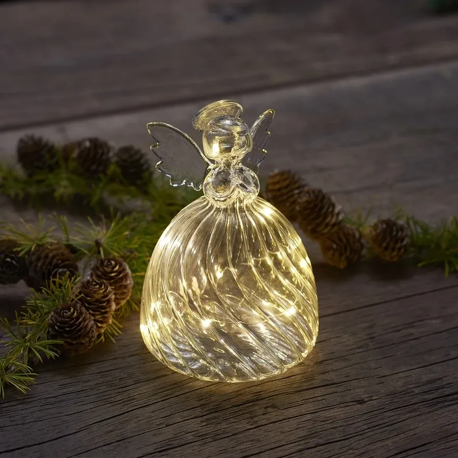_Stiahnutý LED svetelný sklenený anjel, 13 cm, číry