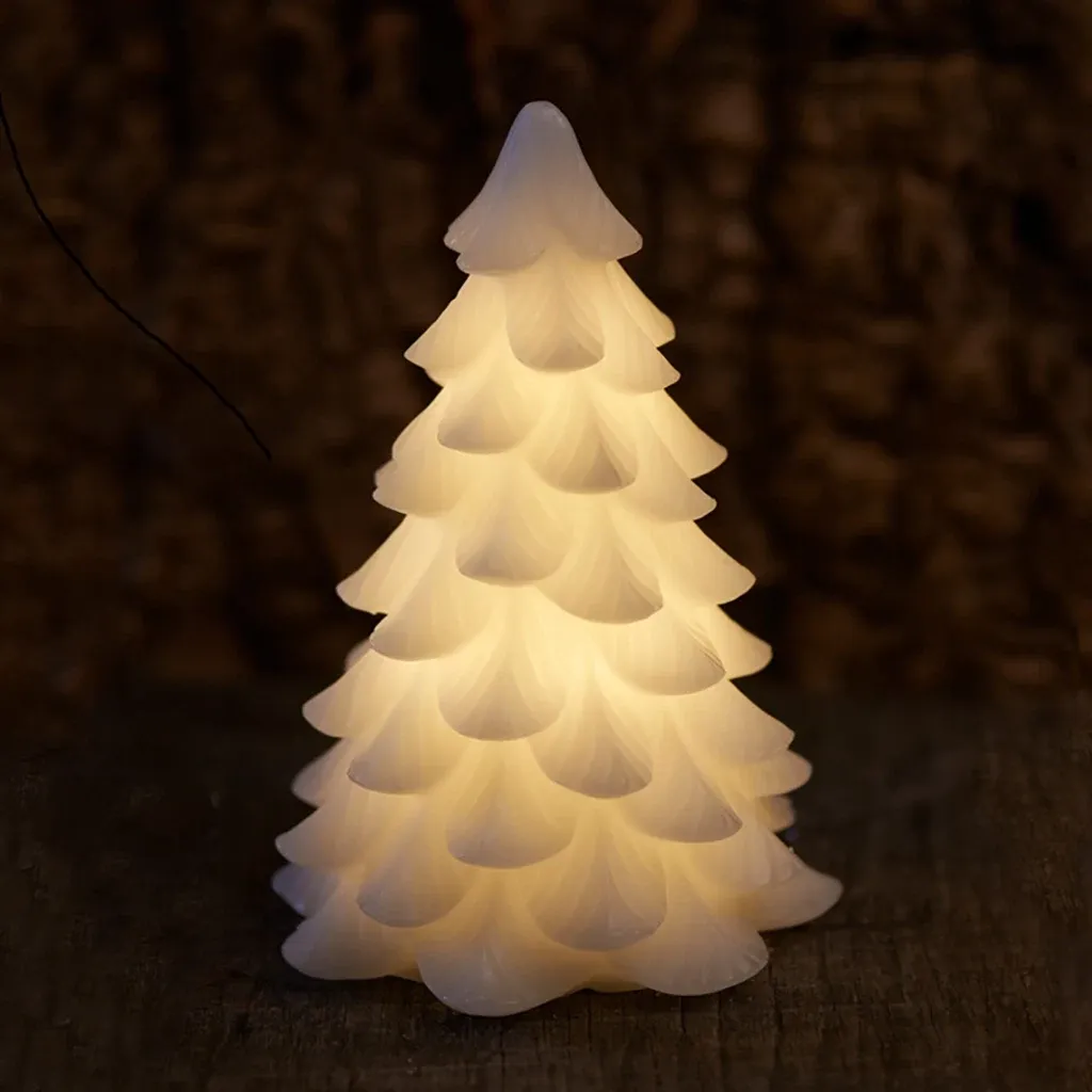 _Stiahnuté LED sviečka z pravého vosku, vianočný stromček, biela, 23 cm