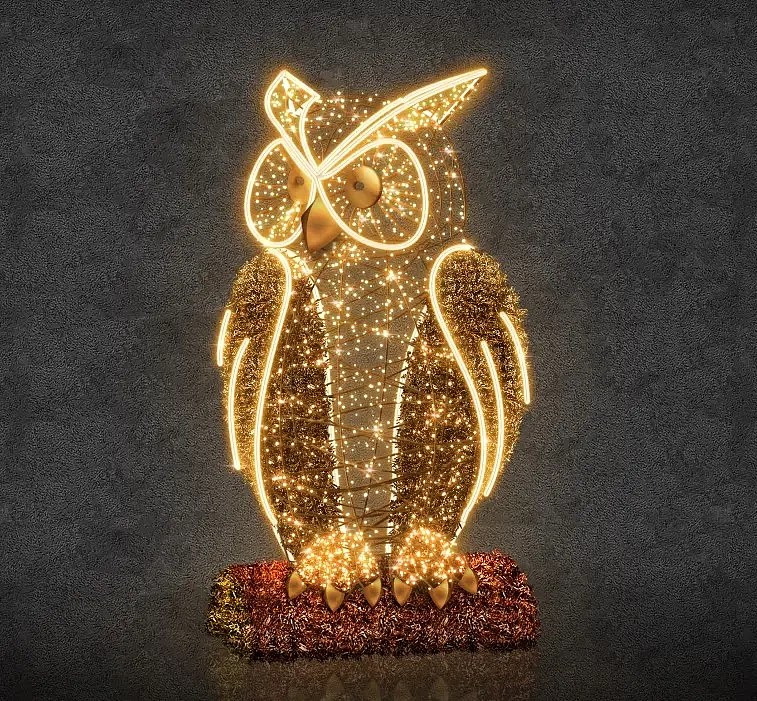 3D LED svetelná sova, výška 350 cm, teplá biela, 36 V, zo 7 dielov