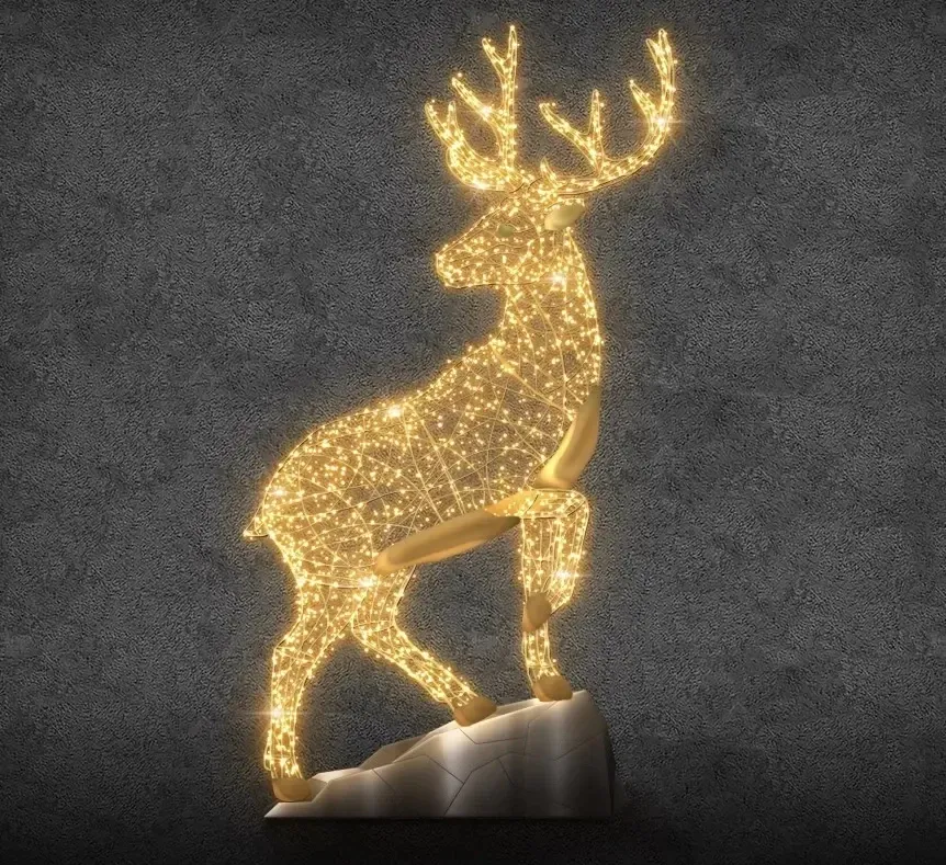 Eco Fix 3D LED svetelný jeleň na skale, 380 × 600 × 120 cm, teplá biela, hliník