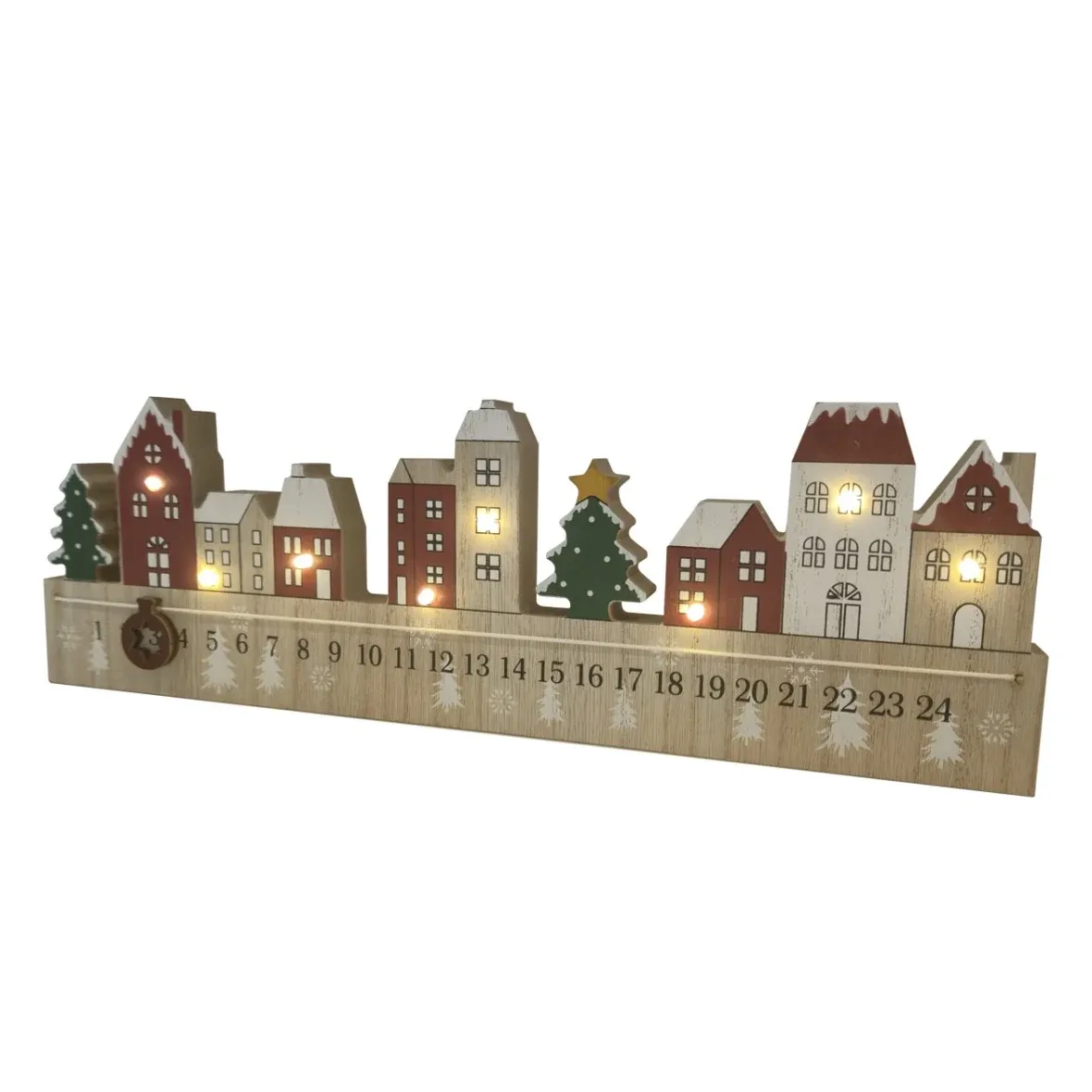LED adventný kalendár s posuvným okienkom, 38 × 12 × 2,7 cm, drevený, farebný, napájaný 2× AAA