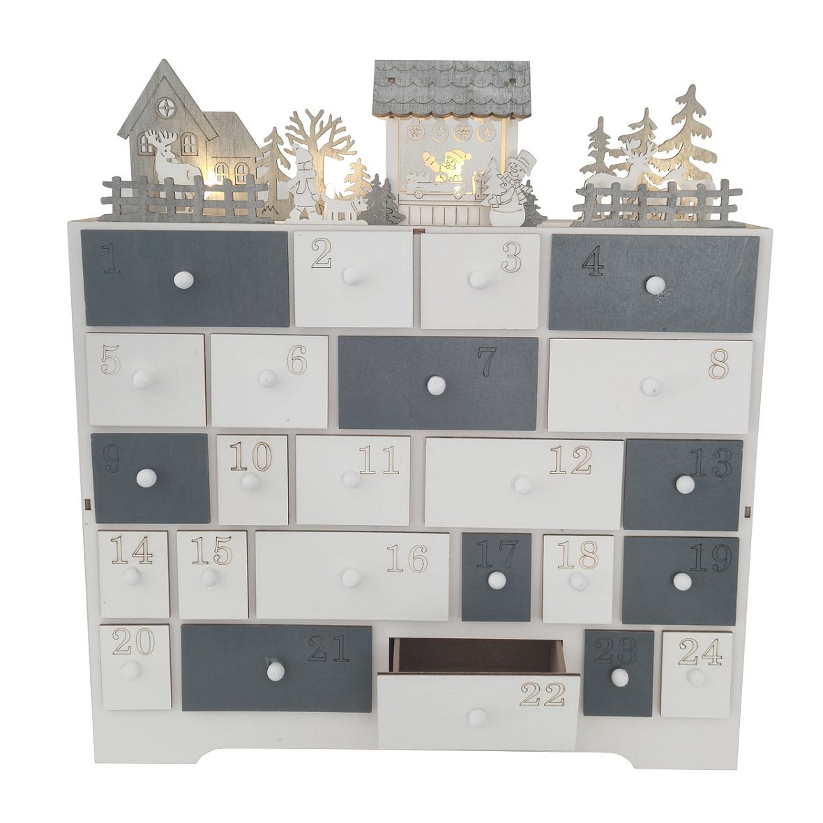 LED adventný kalendár, domček a zvieratká, drevený, 37 × 40 × 11 cm, biela a sivá, na 2× AA