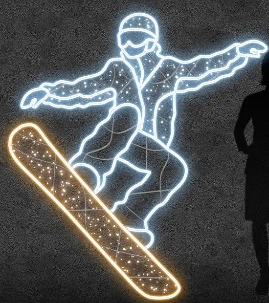 2D LED svetelný snowboardista, 185 × 205 cm, teplá a ľadová biela, stojaci, 3D tlač